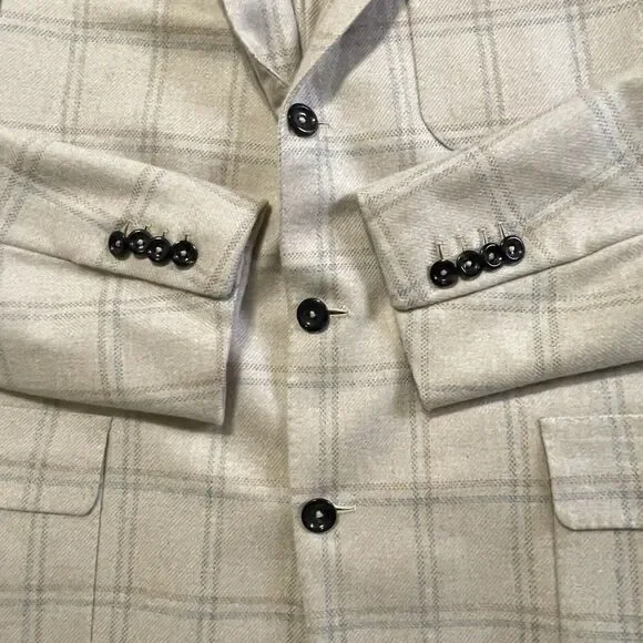 Oxxford Clothes Sport Coat Jacket Mens Size 40 R Beige Plaid USA Pure Cashmere